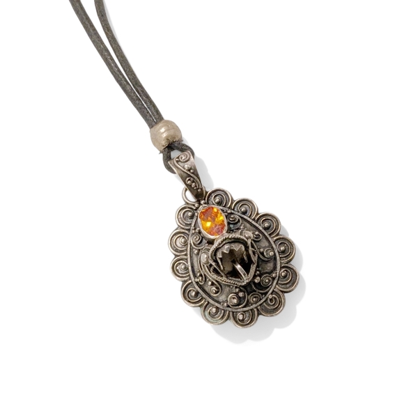 CITRINE Silver Pendant Necklace Leather Long Black Cord - Picture 7 of 12